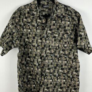 Casual Button Down Shirt Size L Brown Geometric Short Sleeve Chest Pocket Polye